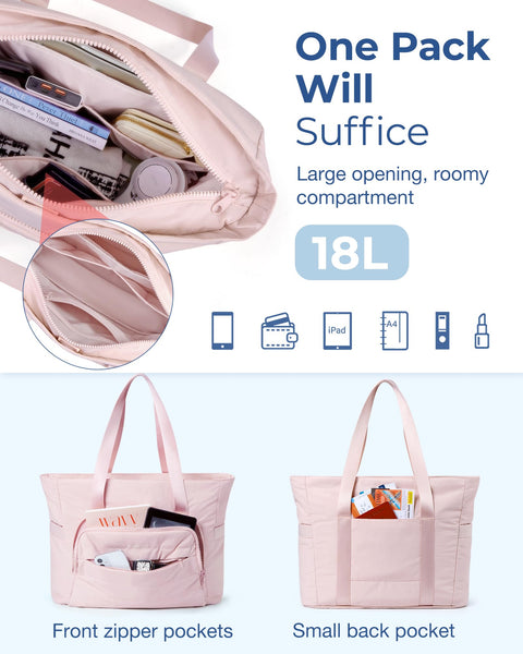 BAGSMART Tote Bag for Women, Lightweight Large Tote Bag with Compartments and Yoga Mat Strap, Quilted Shoulder Bag Handbag for Travel, Work, Gym, Pink BAGSMART