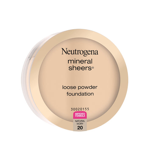 Neutrogena Mineral Sheers Loose Powder Makeup Foundation, Lightweight Face Makeup, Sheer to Medium Buildable Coverage, Sensitive Skin Foundation with Vitamins A, C, & E, Natural Ivory 20, .19 oz