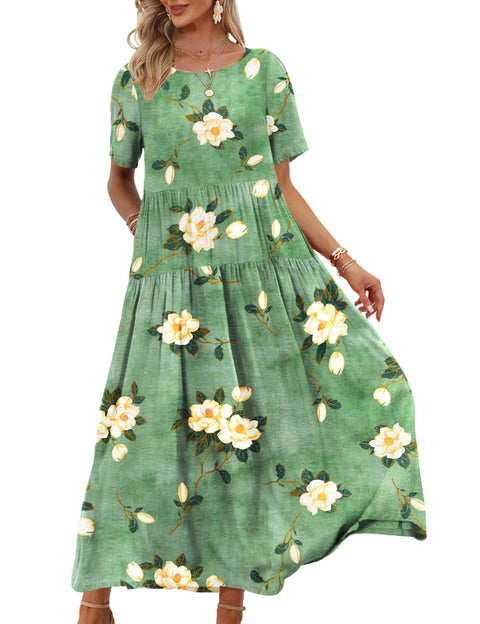 YESNO Women Casual Loose Bohemian Floral Dress with Pockets Short Sleeve Long Maxi Summer Beach Swing Dress 2XL EJF CR19 YESNO