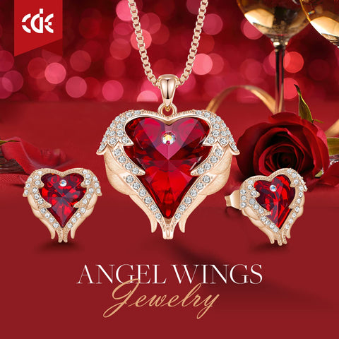 CDE Angle Wing Heart Necklaces and Earrings Valentine Mother's Day Jewelry Gifts for Women Mom Gold Plated Jewelry Set for Wife Girlfriend Stepmom(R_Rose Gold Plated | red) CDE