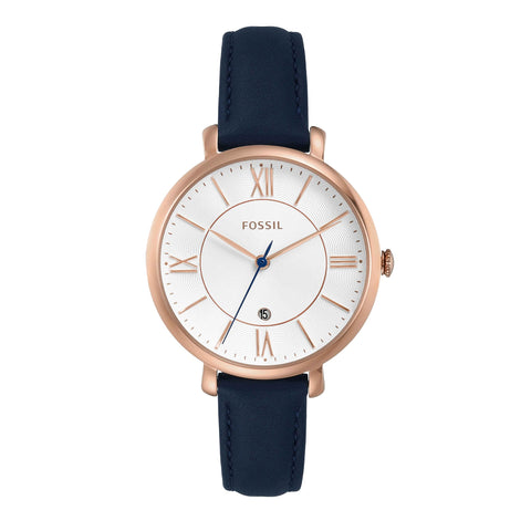 Fossil Women's Jacqueline Quartz Stainless Steel and Leather Watch, Color: Rose Gold, Navy (Model: ES3843) Fossil