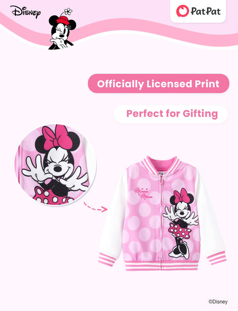 Disney Minnie Mouse Little Girls Jacket Varsity Bomber Letterman Baseball Kids Fall Clothes Polka Dot Lightweight Sweatshirt Colorblock Zip-up Coat 3T