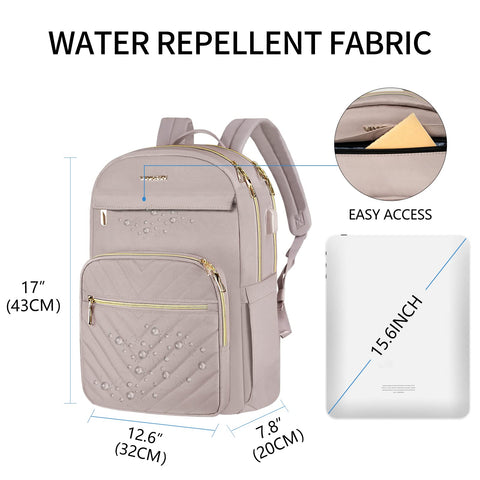 VANKEAN 15.6 Inch Laptop Backpack for Women Work Bag Fashion with USB Port, Waterproof Stylish Travel Bags Casual Daypacks for College, Business, Light Dusty Pink VANKEAN