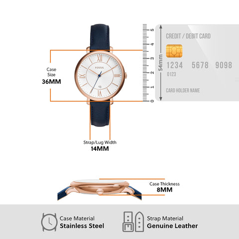 Fossil Women's Jacqueline Quartz Stainless Steel and Leather Watch, Color: Rose Gold, Navy (Model: ES3843) Fossil