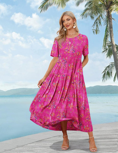 YESNO Women Casual Loose Bohemian Floral Dress with Pockets Short Sleeve Long Maxi Summer Beach Swing Dress L EJF CR26 Pink YESNO