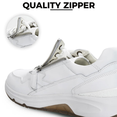 NACARAT Women’s Leather Sneakers Slip-On Walking Shoes with Side Zipper, Breathable Water-Repellent Upper, Cushioned Non-Slip Outsole White Size 8