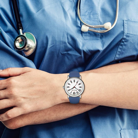 GOLDEN HOUR Waterproof Nurse Watch, 38mm, 24-hour Luminous Dial, Red Second Hand, Silicone Band, Navy Blue