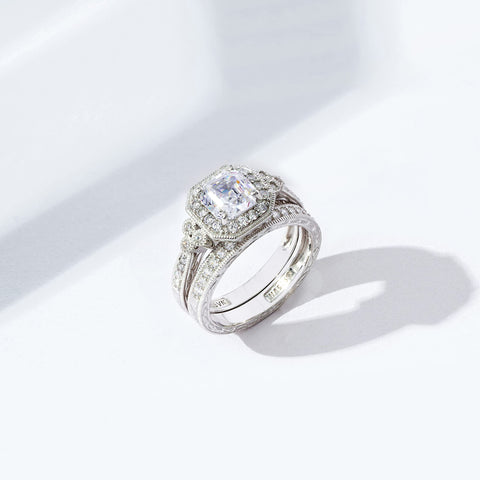 Amazon Essentials Platinum Plated Sterling Silver Infinite Elements Cubic Zirconia Asscher Antique Ring, Size 9 (previously Amazon Collection) Amazon Essentials