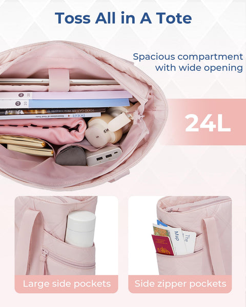 BAGSMART Tote Bag for Women, Large Tote Bag with Zipper, Quilted Puffer Bag Gym Bag Top Handle Handbag for Travel Work, Pink BAGSMART