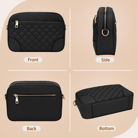 FYY Small Crossbody Bags for Women Quilted Vegan Leather Crossbody Purses for Women Travel with Adjustable Shoulder Strap Black