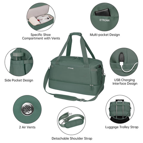 ETRONIK Gym Bag for Women, 55L Travel Duffel Bag with USB Charging Port, Weekender Overnight Bag with Wet Pocket and Shoes Compartment for Women Travel, Large Size (Dark Green) ETRONIK