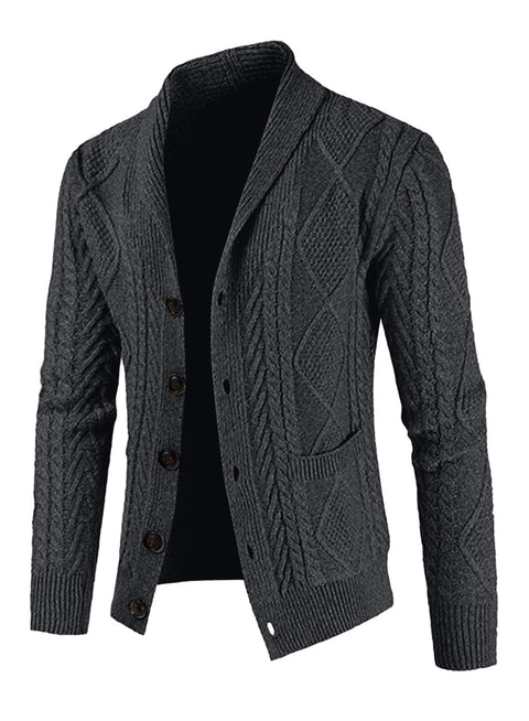 JMIERR Cardigan Sweaters for Men Fall Casual Long Sleeve Shawl Collar Button-Down Wool Blend Cable Christmas Knit Essentials Sweater with Pockets,L,Dark Grey