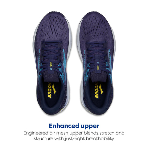 Brooks Men’s Ghost 16 Neutral Running Shoe - Blue/Bonnie Blue/Yellow - 10 Medium