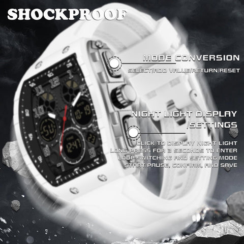 Watches for Men Unique Rectangle Relojes para Hombres White Wristwatch with Digital Analog Dual Time Display Countdown Stopwatch Punk Cool Design 5ATM Waterproof