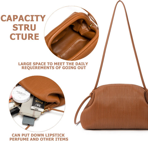 KingTo Clutch Purses for Women, Soft Cloud Bag Fashion Dumpling with Ruched Pouch Handbag for Crossbody Shoulder (brown) KingTo