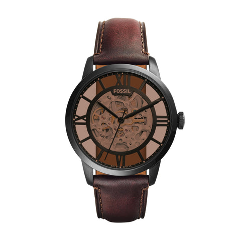 Fossil Men's Townsman Automatic Stainless Steel and Leather Three-Hand Skeleton Watch, Color: Black, Cognac (Model: ME3098) Fossil