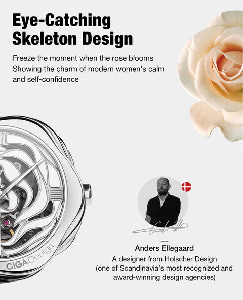 CIGA Design Watches for Women Denmark Rose Series Fashion Automatic Mechanical Skeleton Wrist Watch with Bonus Necklace Gifts (Leather Strap, Mechanical Movement) CIGA Design