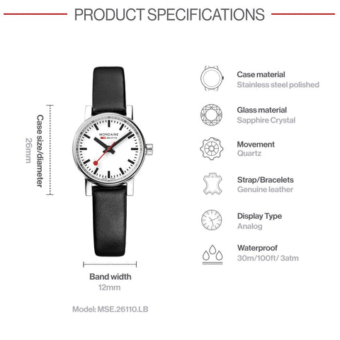 Mondaine - Evo2 MSE.26110.LB Womens Watch 26mm - Official Swiss Railways Wrist Watch Black Leather Strap 30m Waterproof Sapphire Crystal - Womans Watches - Made in Switzerland Mondaine