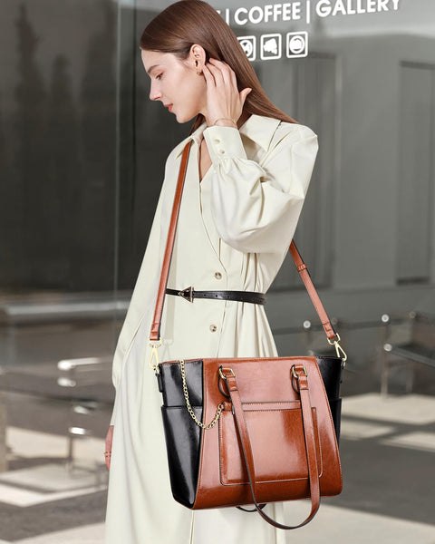Over Earth Leather Tote Bags for Women Ladies Fashion Shoulder Bag Handbag and Purse (O195E Brown/Black) Over Earth