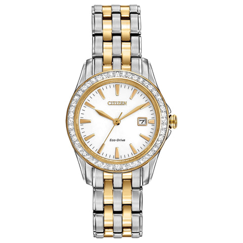 Citizen Women's Eco-Drive Dress Classic Crystal Watch in Two-tone Stainless Steel, Silver Dial, 28mm (Model: EW1908-59A) Citizen