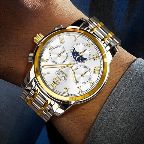 OLEVS Mens Automatic Watch Mechanical Self Winding Luxury Business Dress Moon Phase Stainless Steel Calendar Wrist Watches for Men Waterproof Luminous OLEVS