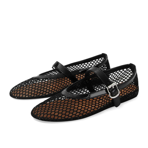 MICIFA Women's Mesh Ballet Flats Buckle Mary Jane Flats Ballerina Shoes Fishnet Causal Daily Dress Shoes