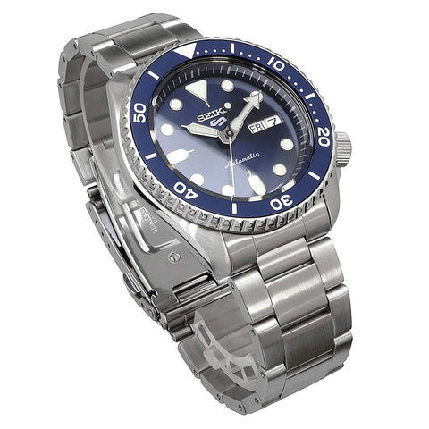 Seiko SRPD51 Automatic Watch for Men - 5 Sports - Blue Sunray Dial, Day/Date Calendar, LumiBrite Hands and Markers, and Rotating Bezel, 100m Water-Resistant