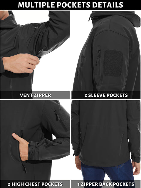 TACVASEN Men's Military Fleece Liner Hooded Jackets Winter Warm Fleece Hood Softshell Tactical Waterproof Snowboard Jacket Black L