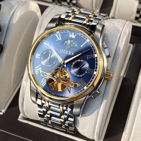 OLEVS Men's Automatic Mechanical Watches Luxury Dress Waterproof Self Winding Moon Phase Chronograph Stainless Steel Luminous Date Tourbillon Wristwatch for Men (Blue Dial and Gold Silver Strap) OLEVS