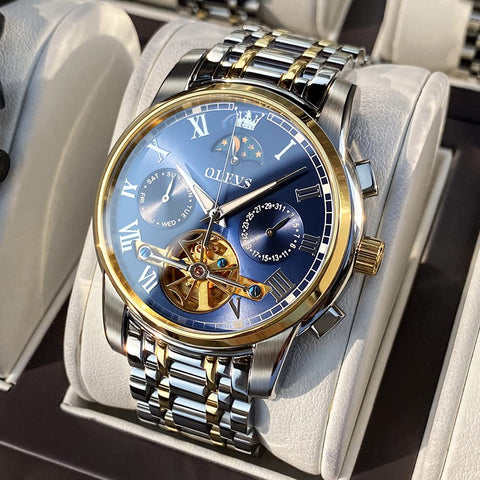 OLEVS Men's Automatic Mechanical Watches Luxury Dress Waterproof Self Winding Moon Phase Chronograph Stainless Steel Luminous Date Tourbillon Wristwatch for Men (Blue Dial and Gold Silver Strap) OLEVS