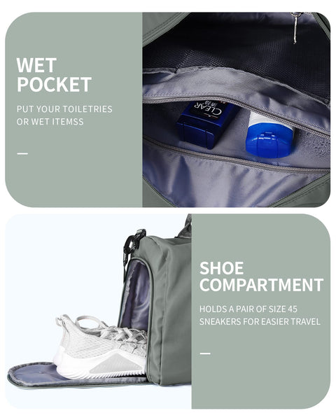 Gym Bag Womens Mens with Shoes Compartment and Wet Pocket,Travel Duffel Bag for Plane,Sport Gym Tote Bags Swimming Yoga,Waterproof Weekend Overnight Carry on Bag Hospital Holdalls WISEPACK