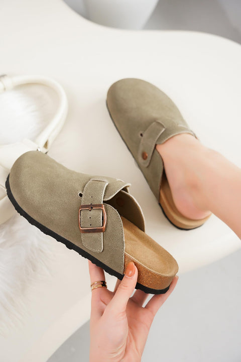 Project Cloud Genuine Leather Footbed Clogs for Women - Memory Foam Arch Support Slippers for Women - Trendy Slip-ons Women's Mules & Clogs Sandals (Benton,TaupeSuede, 8)