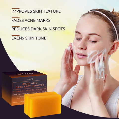 VALITIC Kojic Acid Dark Spot Remover Soap Bars with Vitamin C, Retinol, Collagen, Turmeric - Original Japanese Complex Infused with Hyaluronic Acid, Vitamin E, Shea Butter, Castile Olive Oil (2 Pack) VALITIC