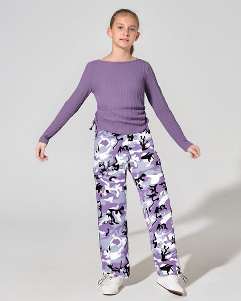 Yhnslsf Girls Clothes size 9 10 Tween Girl Clothing Long Sleeve Ruched Drawstring Ribbed Knit T Shirt Purple Camo Cargo Pants Kids Trendy School Fall Winter Outfits