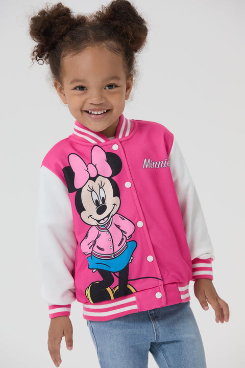Disney Minnie Mouse Toddler Girls Varsity Bomber Letterman Baseball Jacket Letter Print Lightweight Sweatshirt Button up Clothes Color Block Coat 4-5T