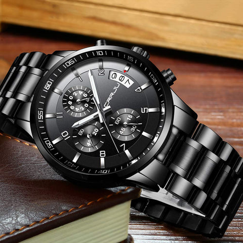 CRRJU Men's Black Watch Fashion Business Chronograph Quartz Wristwatches,Luxury Stainsteel Steel Band Waterproof Watch for Men CRRJU