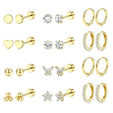 Jstyle Hypoallergenic 14K Gold Plated Flat Back Earrings for Women Men Surgical Stainless Steel Earrings for Sensitive Ears Small Stud Hoop Cartilage Earring Stack Set for Multiple Piercing Jewelry D