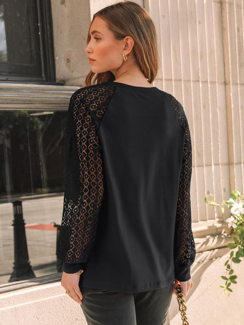 AUTOMET Womens Long Sleeve Shirts Lace Tops Business Casual Blouses 2025 Fall Fashion Teacher Outfits Trendy Clothes Knit T Y2k Ladies Dressy Work Professional Clothing Black L