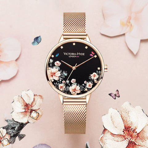 VICTORIA HYDE Analog Quartz Women Watches Rose Gold Stainless Steel Mesh Band Casual Dress Floral Dial Wristwatch for Lady VICTORIA HYDE