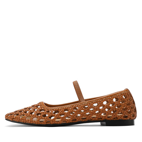 IBDPOSH Brown Woven Mesh Ballet Flats Shoes for Women with Strap Charming Comfortable Casual Elegance Flat Mary Janes Suitable for Woven Bags Size 8