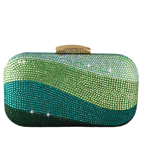 Boutique De FGG Sea Wave Luxury Crystal Clutch Evening Bags for Women Gradient Green Rhinestone Wedding Handbags and Purses Boutique De FGG