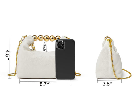 DORIS&JACKY Small Top Handle Clutch Bag Women Designer Goatskin Crossbody Purse With Pearl Handle And Detachable Metal Chain (White) DORIS&JACKY