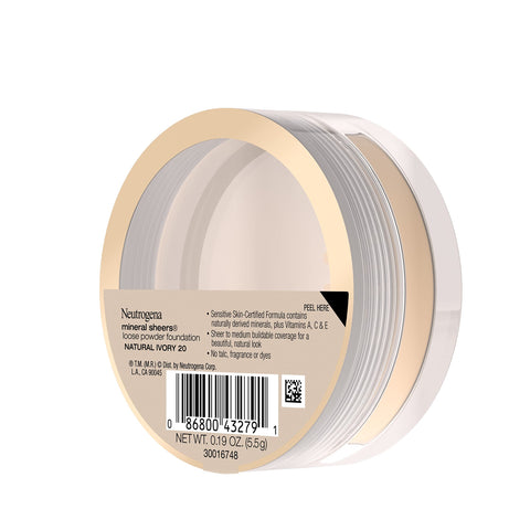 Neutrogena Mineral Sheers Loose Powder Makeup Foundation, Lightweight Face Makeup, Sheer to Medium Buildable Coverage, Sensitive Skin Foundation with Vitamins A, C, & E, Natural Ivory 20, .19 oz