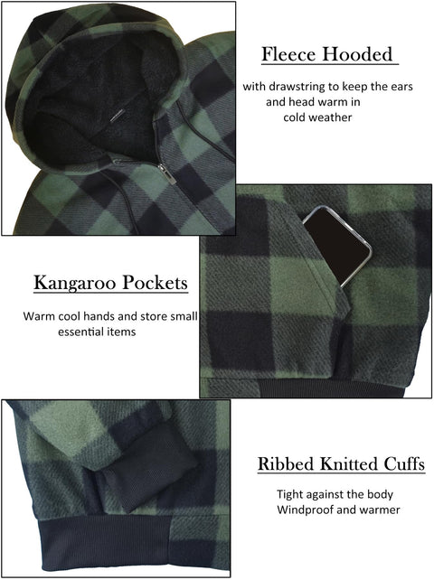 Genafy Mens Green Sherpa Lined Hoodie, Fleece Plaid Sweatshirt Full Zip Work Hoodies for Men Flannel Oversized Winter Heavyweight Men's Warm Fashion Thermal Hooded 5XL