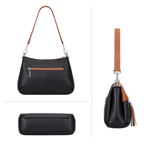 Over Earth Leather Handbags for Women Small Hobo Shoulder Bag Ladies Crossbody Purse(O111-2E Black/Brown) Over Earth