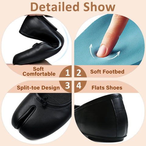 VBDB Black Tabi Ballet Flats Shoes for Women Rounde Toe Wide Width Split Toe Low Heel Comfortable Flats Shoes Size 8