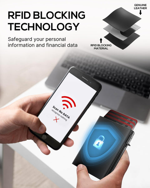 Mens Wallet Card Holder - Smart Wallet for Men, Pop Up Card Case, Top Grain Leather, RFID Blocking, Slim, Minimalist, Ultra Thin, Front Pocket, 9-14 Card Capacity | ID Window | Cash Slot (Black)