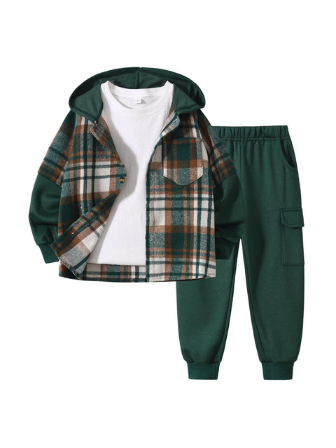 Fdqin 2Pcs Kids Boys Flannel Plaid Shirt Tops Pants Set Hoodie Sweatsuit for Fall Winter Spring Outfits Green 7-8 Years