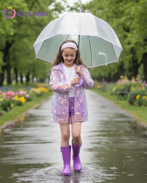 WELAKEN Girls Sequin Raincoat Waterproof Reusable Hooded Outwear Rain Jacket with Lining,purple,8Y