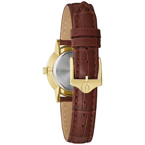 Bulova Ladies' Classic Diamond Gold Stainless Steel 3-Hand Quartz Watch, Brown Leather Strap, 27mm Style: 97P170 Bulova